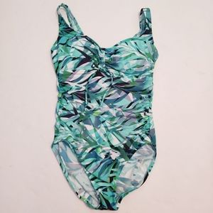 Aqua Green Palm Leaves One Piece Swimsuit M